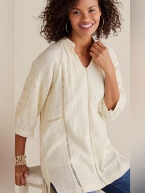 Soft Surroundings Magnolia Gauze Tunic Cream Embroidered Lace